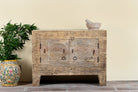 Reclaimed wood sideboard made from antique teak doors with carved detailing; teak furniture, 110 × 45 × 83 cm.