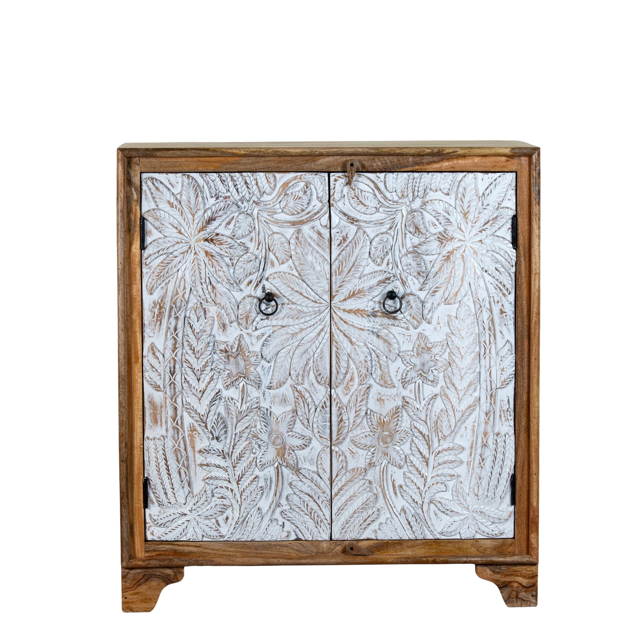 White background image of a hand-carved mango wood cupboard Utkarsh with whitewashed doors featuring palm tree and botanical motifs. A Mediterranean-inspired piece of Indian furniture combining artisan detail with practical storage.