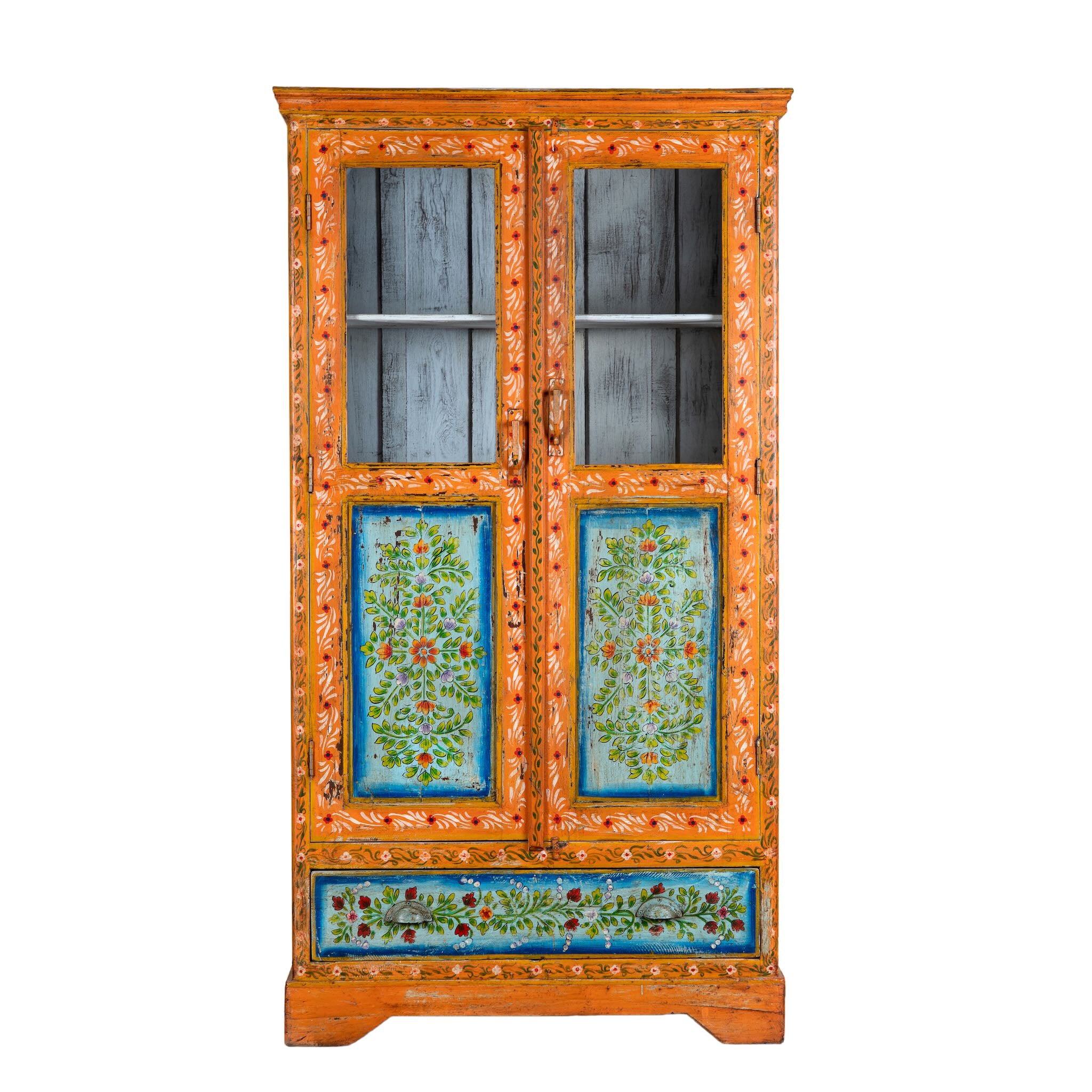 White background image of a hand painted reclaimed wood showcase with 2 doors and one drawer.
