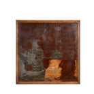 White background image of a rusted iron and teak wall panel, artisanal furniture piece, part of our Indian home decor collection.