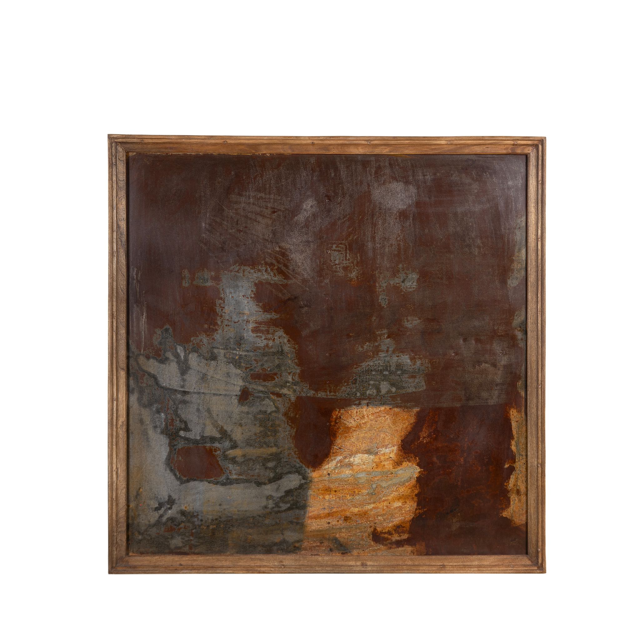 White background image of a rusted iron and teak wall panel, artisanal furniture piece, part of our Indian home decor collection.