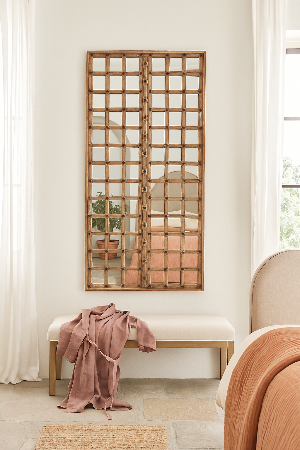 Antique teakwood mirror made from a traditional Indian door with iron details and mirror inlays – perfect as a reclaimed wood mirror for vintage home decor.