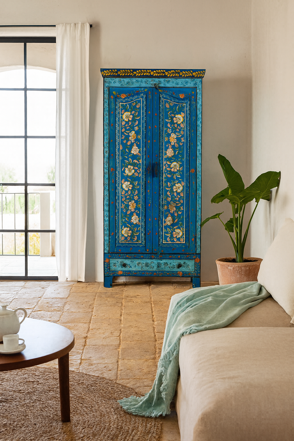 Lifestyle imagination of a of a hand-painted wardrobe made of reclaimed wood in vibrant blue floral design – Yuvika model by Om Home & Garden