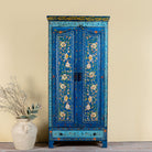 Hand-painted wardrobe made of reclaimed wood in vibrant blue floral design – Yuvika model by Om Home & Garden