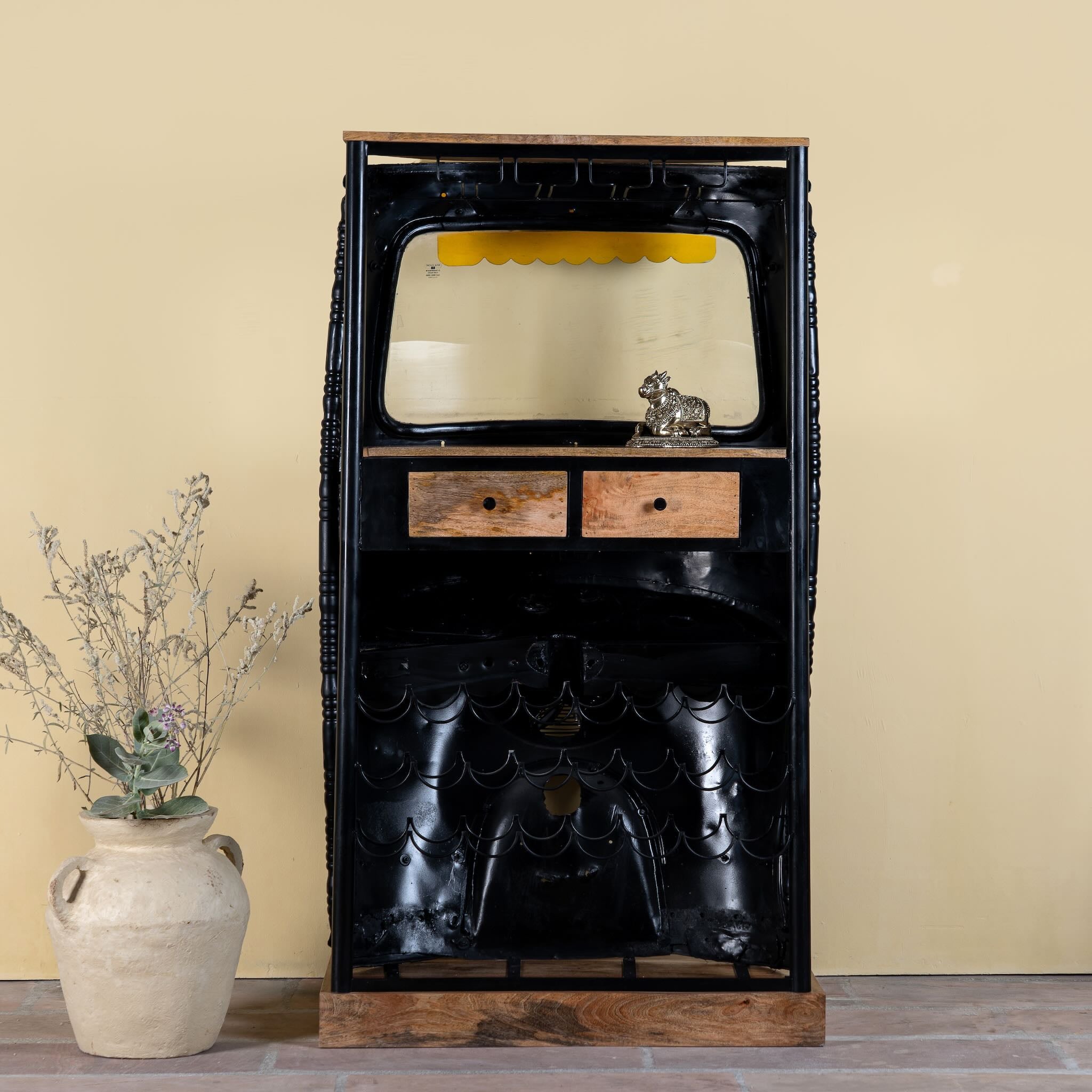 Back side image of a artsy bar table made from a reclaimed Indian rickshaw front with working headlight – Zoha Riksha bar model by Om Home & Garden