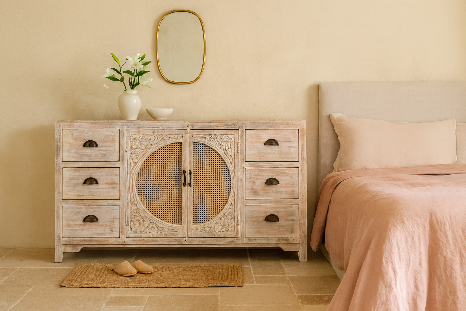 Lifestyle image of a white mango wood and rattan sideboard with six drawers and two compartments—handcrafted bedroom furniture blending Indian artistry with Scandinavian design.