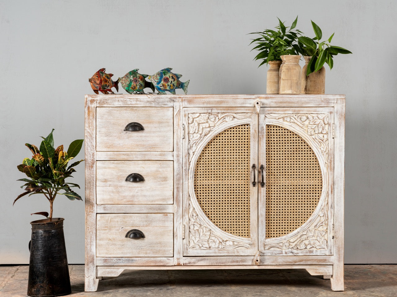 Narmada, white sideboard with rattan inserts