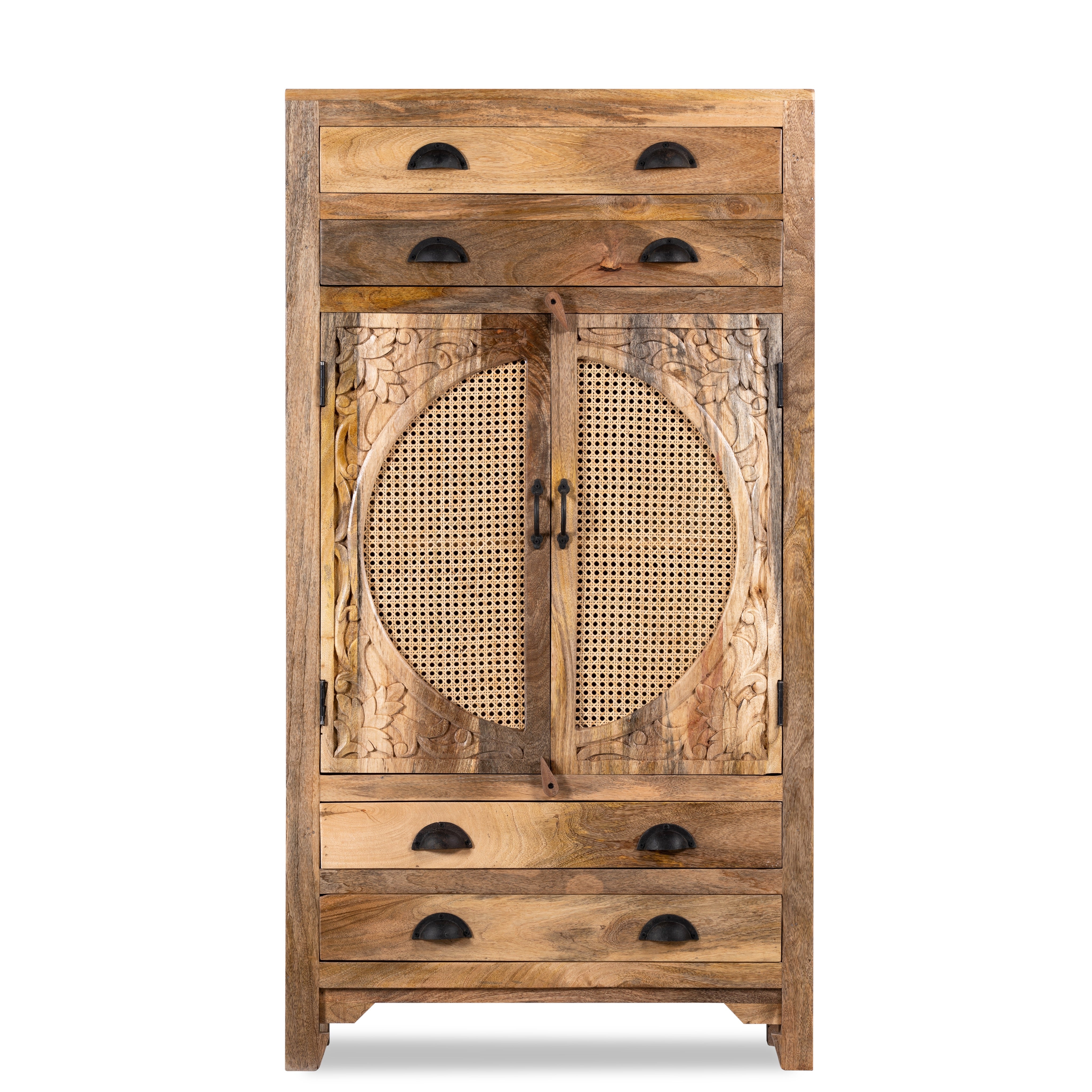 handgesneden kast met rotan inzetstukken van mangohout, vervaardigd in India een vintage mediterrane stijl.