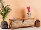 Hand-carved mango wood vintage chest with floral carvings – Mediterranean-style storage chest for living rooms, bedrooms, or bathrooms.