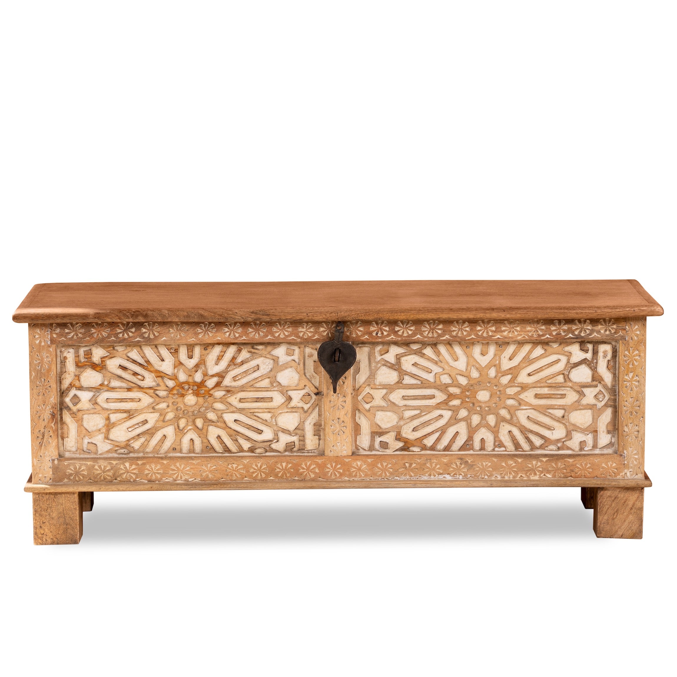 White background image of a hand-carved mango wood vintage chest with floral carvings – Mediterranean-style storage chest for living rooms, bedrooms, or bathrooms.