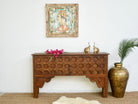 Teak wood console table made from antique Indian door parts; sustainable old door furniture, 183 × 95 × 45 cm.