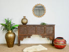 Teak wood console table made from reclaimed Indian door parts; handcrafted old door furniture, 183 × 90 × 43 cm.