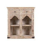 White background image of a handcrafted mango wood shelving unit with balanced square design – vintage home accessories display shelf with natural wood finish and artistic expression.