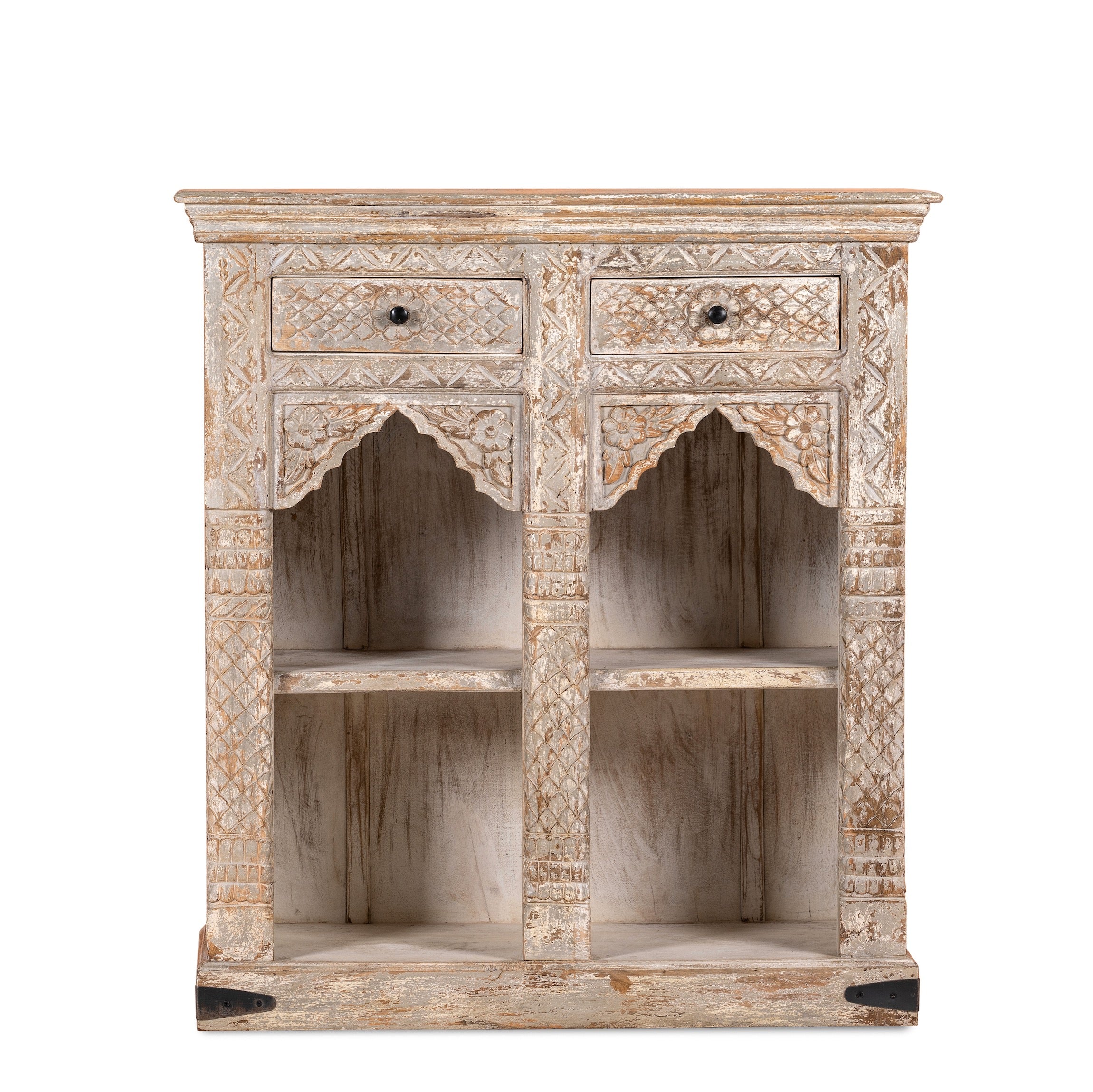 White background image of a handcrafted mango wood shelving unit with balanced square design – vintage home accessories display shelf with natural wood finish and artistic expression.