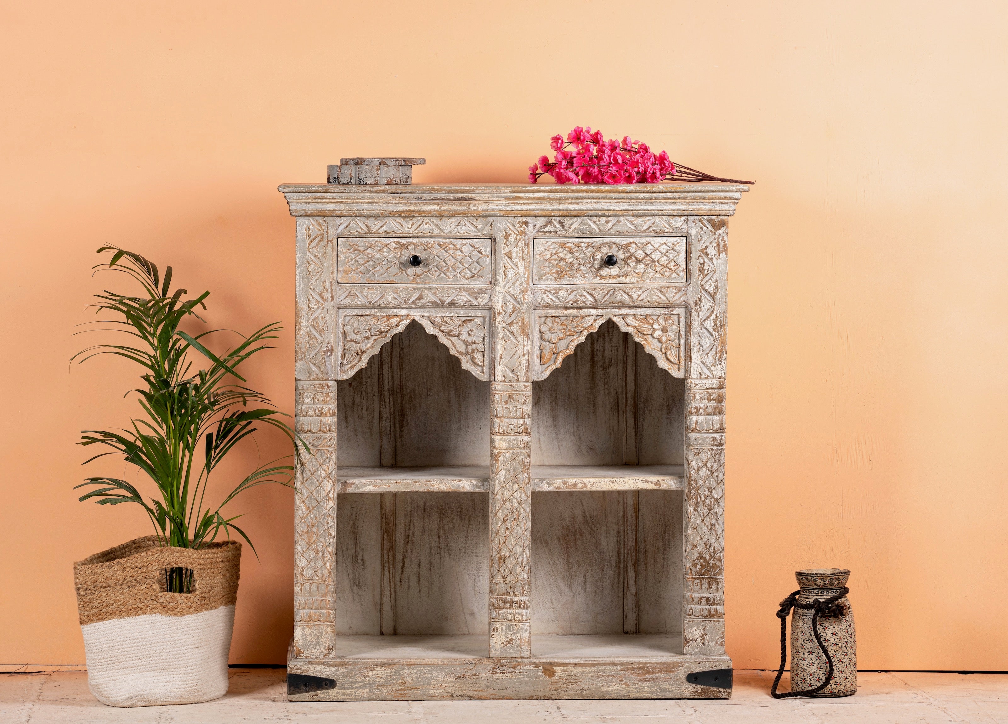 Handcrafted mango wood shelving unit with balanced square design – vintage home accessories display shelf with natural wood finish and artistic expression.