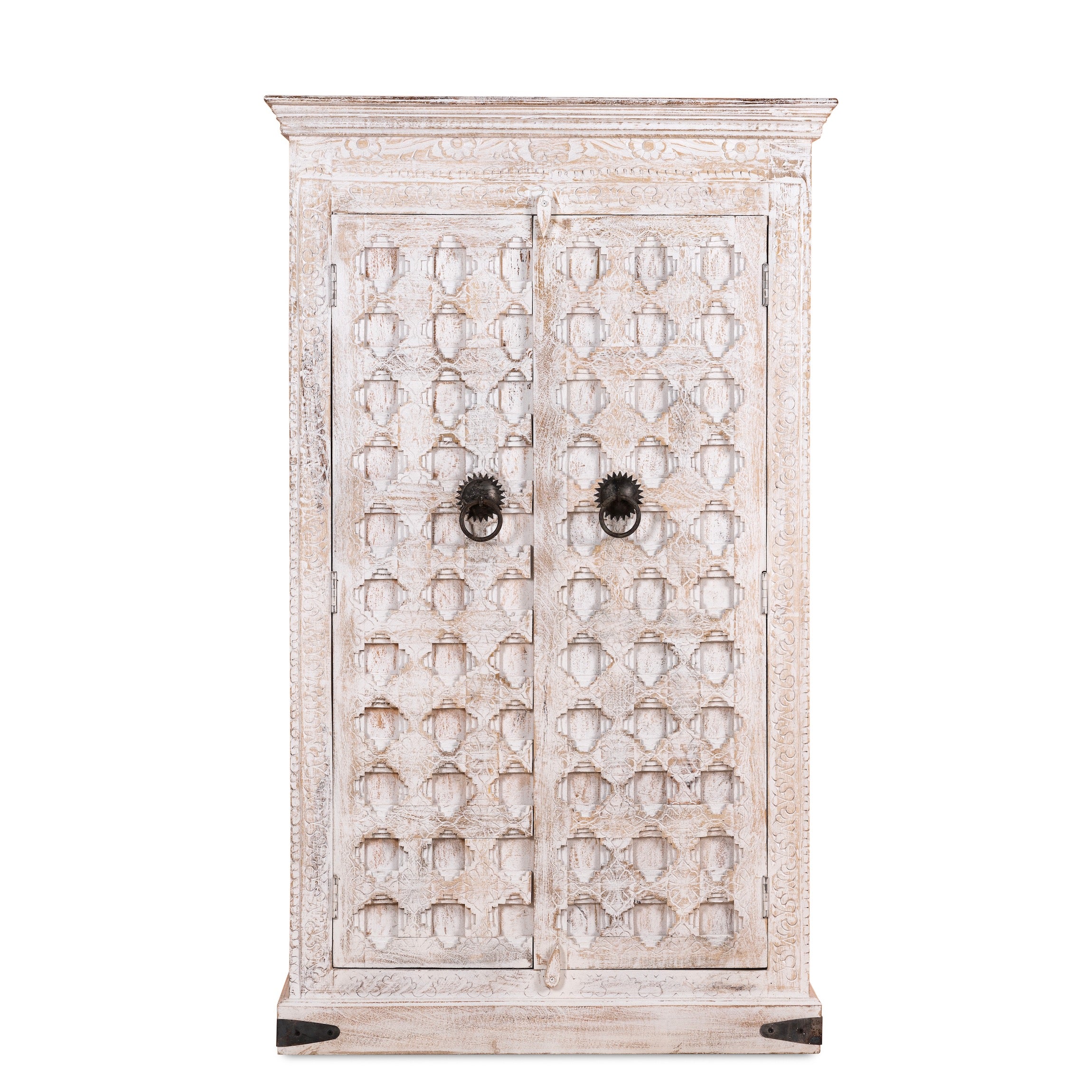White background image of a handcrafted cabinet made from reclaimed wood with white-washed finish and Indian carvings – sustainable furniture and unique Indian furniture with cultural depth.