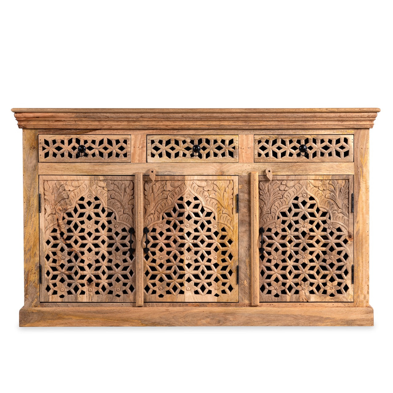 White background image of a and-carved mango wood sideboard Kaveri with 6 compartments and 3 drawers, oriental-inspired mango wood furniture, 150 × 90 × 40 cm.