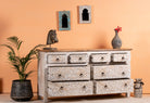 Open drawer image of a hand-carved mango wood sideboard with elephant motifs and whitewashed finish; ideal for vintage home decor, 153 × 80 × 40 cm.