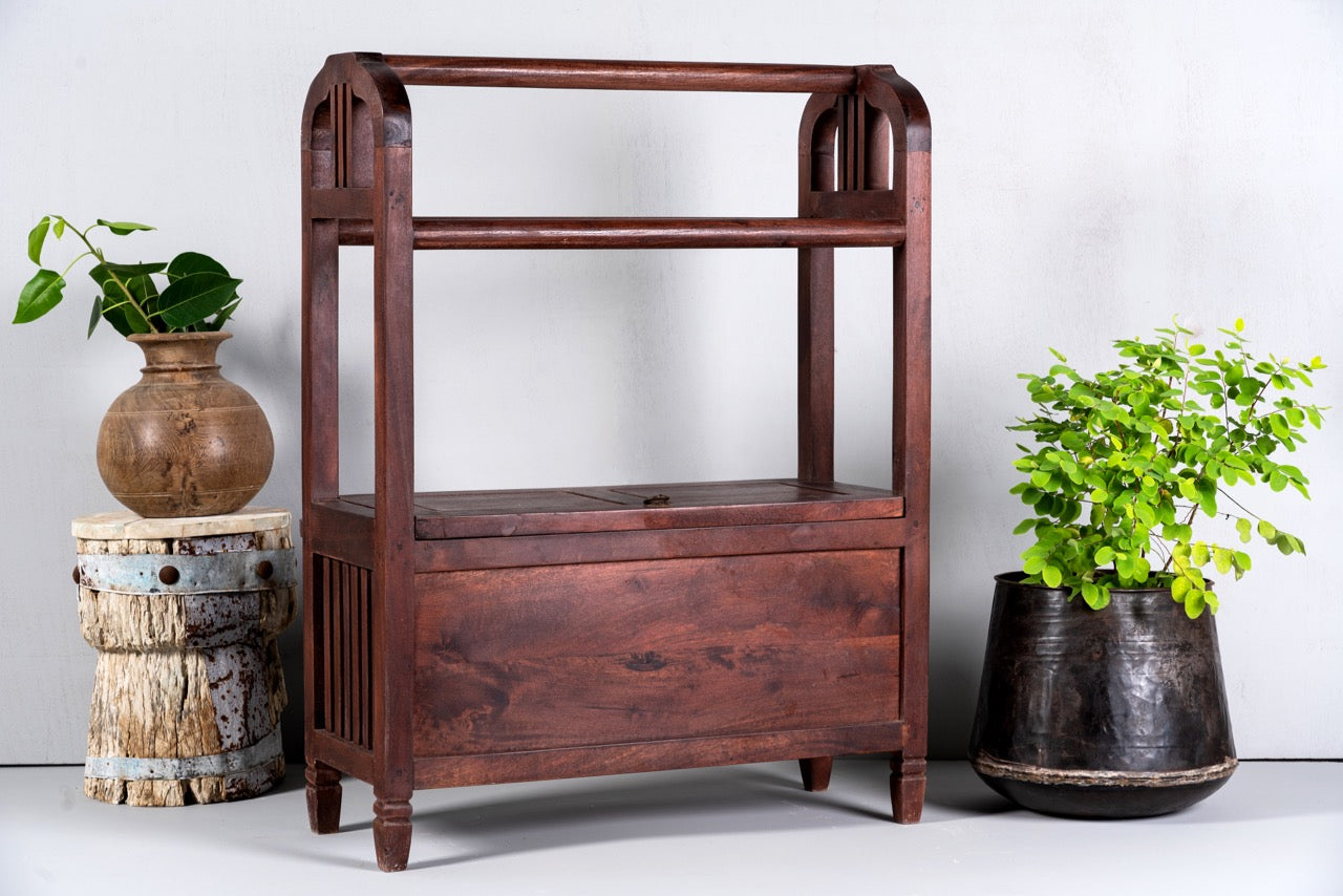 Reclaimed teak wood towel stand with dark brown finish and laundry storage; rustic bathroom furniture, 100 × 30 × 76 cm.
