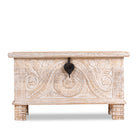 White background image of a hand‑carved mango wood chest with floral detailing – vintage home accessories and artisan storage chest for stylish interiors.