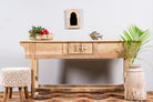 Rustic reclaimed teak console table with hand-carved detailing and hidden side compartments; sustainable furniture, 170 × 82 × 48 cm.