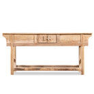 White background image of a rustic reclaimed teak console table with hand-carved detailing and hidden side compartments; sustainable furniture, 170 × 82 × 48 cm.