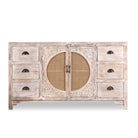 White background image of a white mango wood and rattan sideboard with six drawers and two compartments—handcrafted bedroom furniture blending Indian artistry with Scandinavian design.
