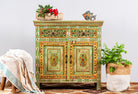 Hand painted green Indian cabinet made from recycled wood with floral motifs, 2 drawers and 2 compartments, 90 × 90 × 40 cm.