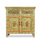 White background image of a hand painted green Indian cabinet made from recycled wood with floral motifs, 2 drawers and 2 compartments, 90 × 90 × 40 cm.