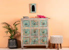 A vintage-style chest of nine drawers with hand-carved floral patterns on the drawer fronts, solid mango wood construction, and greenwashed detailing, placed against a warm-toned wall with a potted plant and decorative item on either side.